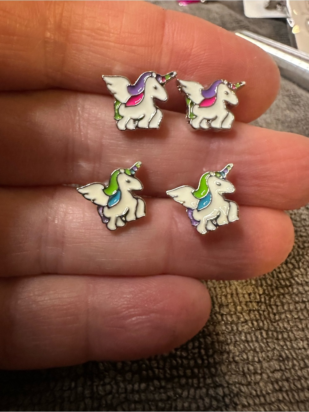 Cute White Unicorn Enamel Stud Earrings with Rainbow Mane (Set of 2)